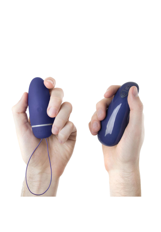 Τηλεχειριζόμενο αυγό από σιλικόνη σε μπλέ χρώμα, μήκους 7,5 εκ. και μέγιστης διαμέτρου 2,5 εκ. με τηλεχειριζόμενο χειρισμό