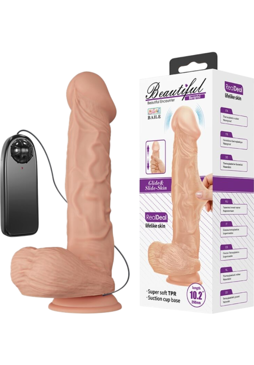 Ρεαλιστικός δονητής από tpr σε φυσικό χρώμα, μήκους 26 εκ. και μέγιστης διαμέτρου 5,5 εκ. με ενσύρματο κοντρόλ