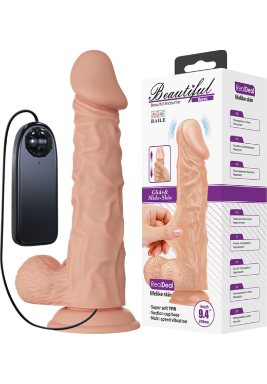 Ρεαλιστικός δονητής από tpr σε φυσικό χρώμα, μήκους 24 εκ. και μέγιστης διαμέτρου 5 εκ. με ενσύρματο κοντρόλ