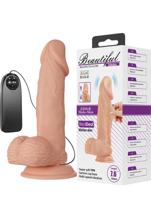 Ρεαλιστικός δονητής από tpr σε φυσικό χρώμα, μήκους 19,4 εκ. και μέγιστης διαμέτρου 4,2 εκ. με ενσύρματο κοντρόλ