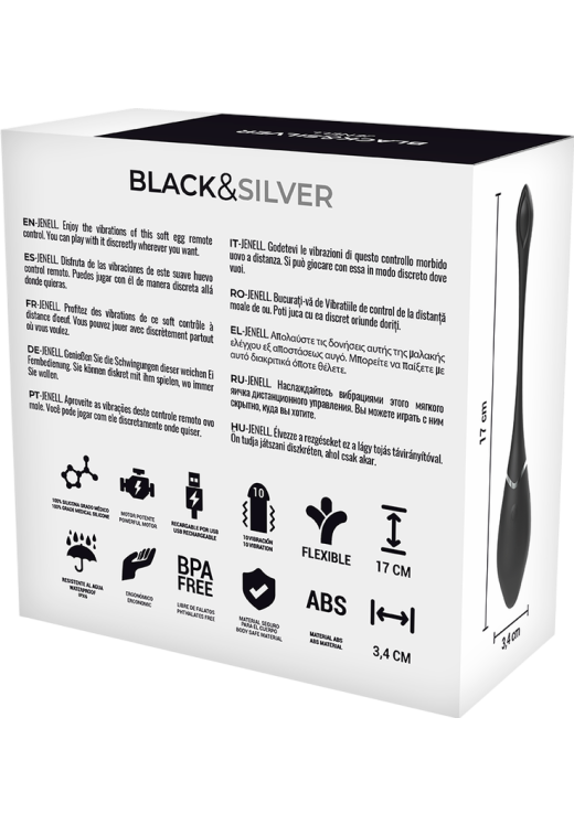 Τηλεχειριζόμενο αυγό από σιλικόνη σε μαύρο χρώμα, μήκους 17 εκ. και μέγιστης διαμέτρου 3,4 εκ. με τηλεχειριζόμενο χειρισμό