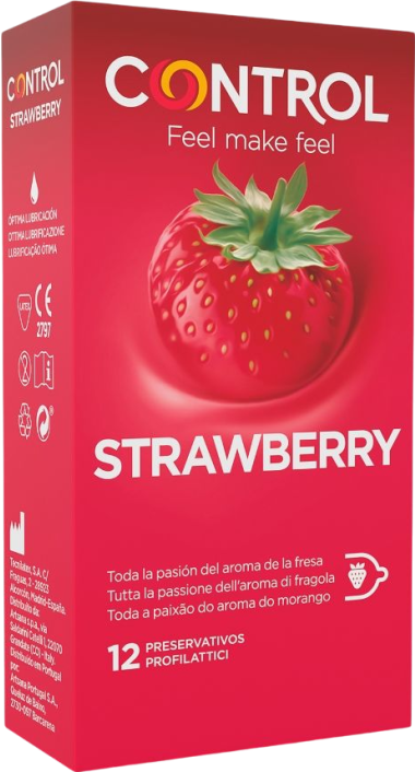 Προφυλακτικά με άρωμα με γεύση φράουλα σε διάφανο χρώμα, συσκευασίας 12 τ.μ.χ