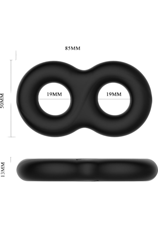 Διπλό δαχτυλίδι πέους από σιλικόνη σε μαύρο χρώμα, μέγιστης διαμέτρου 1,9 εκ.