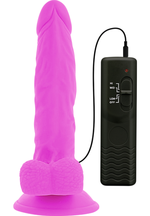 Ρεαλιστικός δονητής από tpe σε μοβ χρώμα, μήκους 18 εκ. και μέγιστης διαμέτρου 4 εκ. με ενσύρματο κοντρόλ