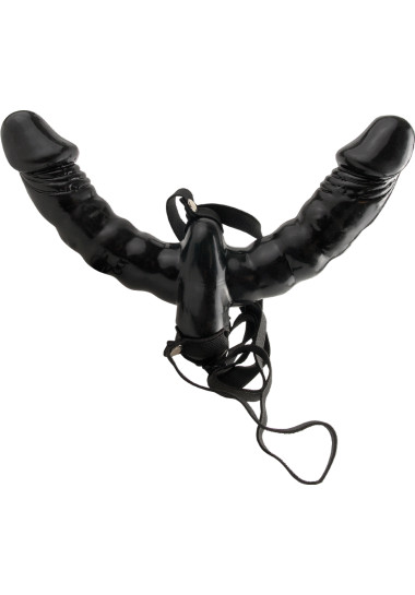 Vibrating Double Delight Stap-on 15 cm Διπλής διείσδυσης από pvc σε μαύρο χρώμα, μήκους 15 εκ. και μέγιστης διαμέτρου 3,5 εκ. με ενσύρματο κοντρόλ