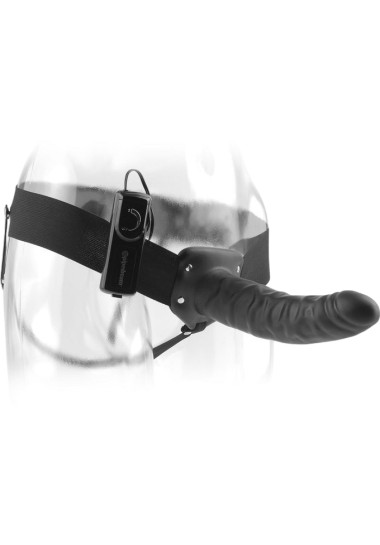 Vibrating Hollow Strap-on 20 cm Με δόνηση από pvc σε μαύρο χρώμα, μήκους 20 εκ. και μέγιστης διαμέτρου 5,1 εκ. με ενσύρματο κοντρόλ