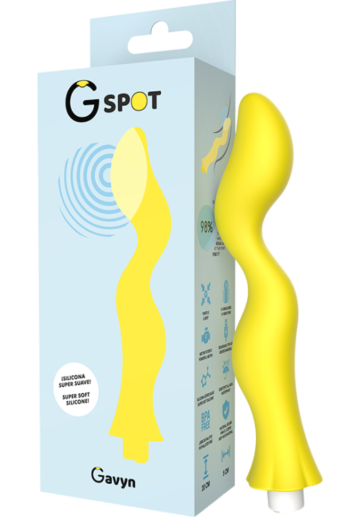 Δονητής σημείου g από σιλικόνη σε κίτρινο χρώμα, μήκους 20 εκ. και μέγιστης διαμέτρου 5 εκ.