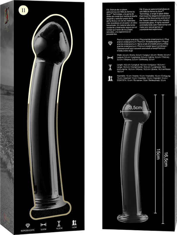 Γυάλινο γυάλινο dildo σε διάφανο χρώμα, μήκους 16,5 εκ. και μέγιστης διαμέτρου 3 εκ.