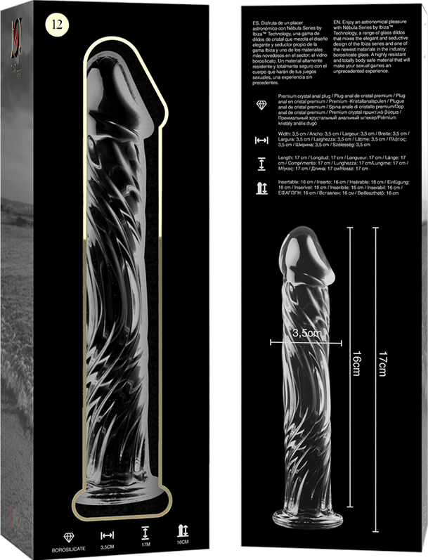 Γυάλινο γυάλινο dildo σε διάφανο χρώμα, μήκους 17 εκ. και μέγιστης διαμέτρου 3,5 εκ.