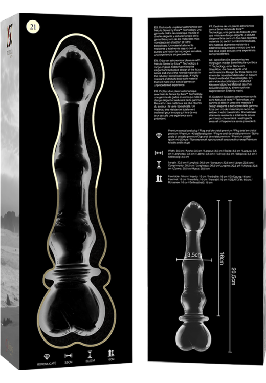 Γυάλινο γυάλινο dildo σε διάφανο χρώμα, μήκους 20,5 εκ. και μέγιστης διαμέτρου 3,5 εκ.
