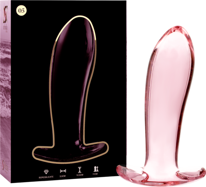 Γυάλινη πρωκτική σφήνα σε ροζ χρώμα, μήκους 12,5 εκ. και μέγιστης διαμέτρου 3,5 εκ.