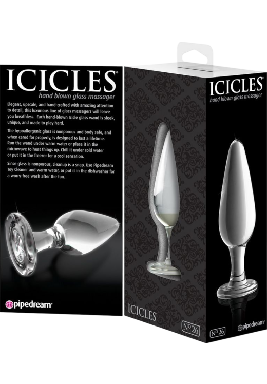 Γυάλινη πρωκτική σφήνα σε διάφανο χρώμα, μήκους 11,4 εκ. και μέγιστης διαμέτρου 3,8 εκ.