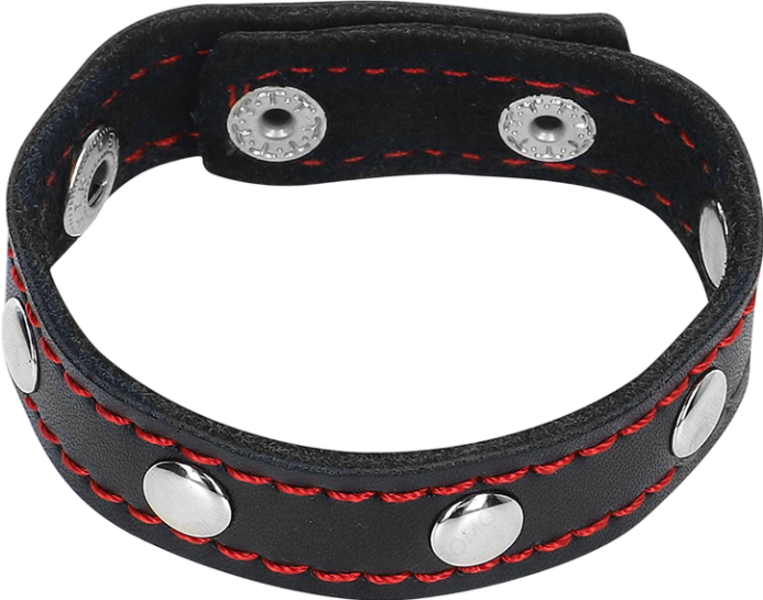 Δερμάτινο δαχτυλίδι πέους με ραντάκια σε κόκκινο χρώμα, μήκους 21,5 εκ, και μέγιστης διαμέτρου 1,6 εκ,