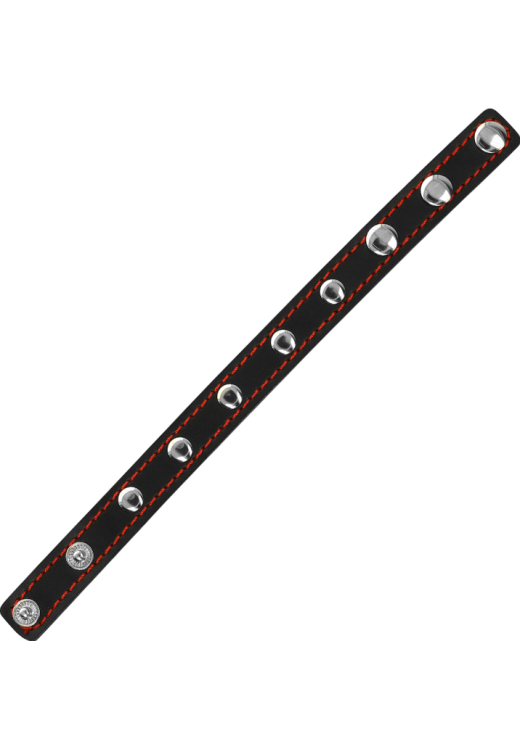 Δερμάτινο δαχτυλίδι πέους με ραντάκια σε κόκκινο χρώμα, μήκους 21,5 εκ, και μέγιστης διαμέτρου 1,6 εκ,