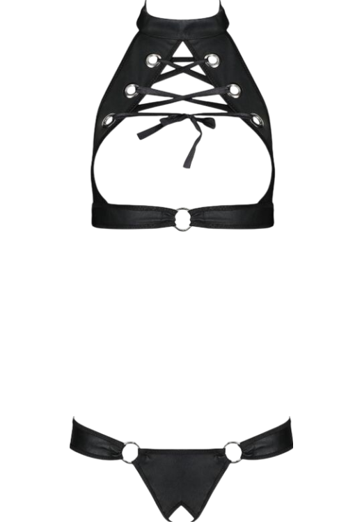 Σετ εσωρούχων ανοιχτού καβάλου με halter neck από δερματίνη σε μαύρο χρώμα