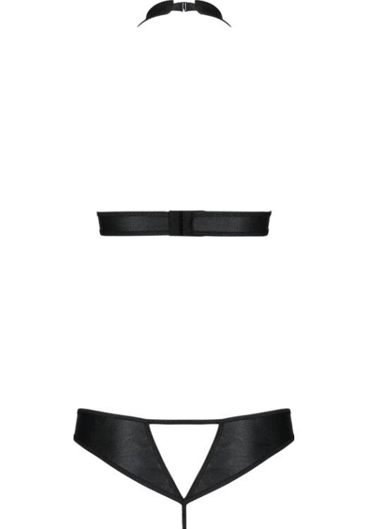 Σετ εσωρούχων ανοιχτού καβάλου με halter neck από δερματίνη σε μαύρο χρώμα