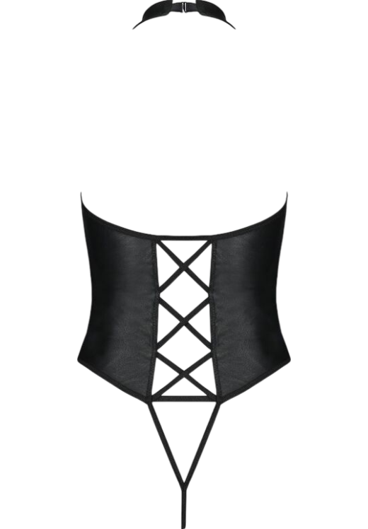 Κορμάκι ανοιχτού καβάλου με halter neck από δερματίνη σε μαύρο χρώμα