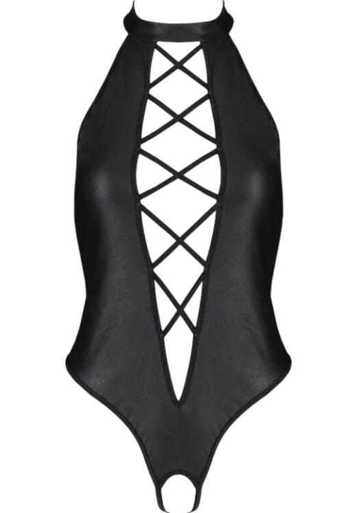 Κορμάκι ανοιχτού καβάλου με halter neck από δερματίνη σε μαύρο χρώμα