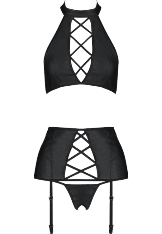 Σετ εσωρούχων ανοιχτού καβάλου με halter neck από δερματίνη σε μαύρο χρώμα