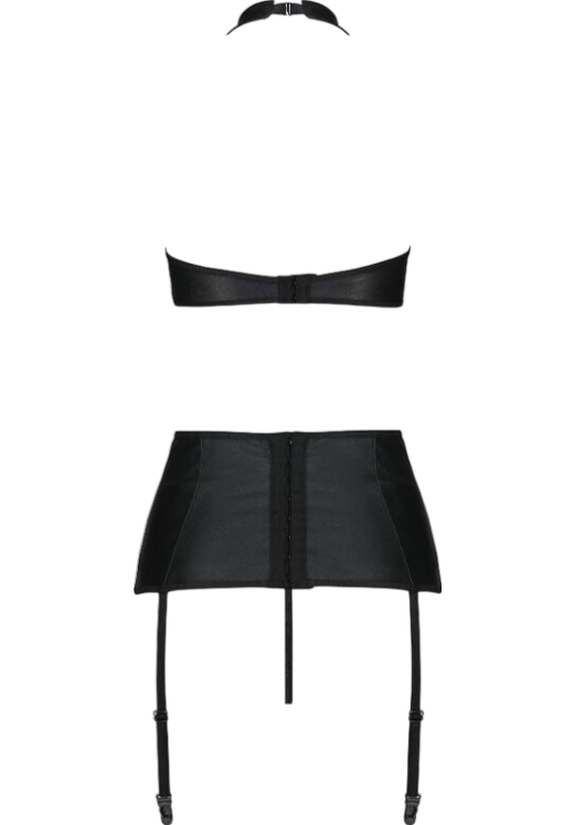 Σετ εσωρούχων ανοιχτού καβάλου με halter neck από δερματίνη σε μαύρο χρώμα
