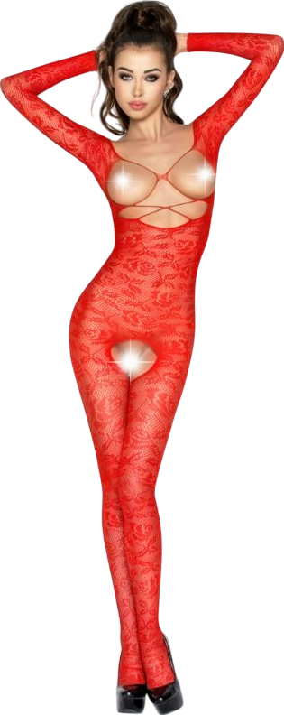 Διχτυωτό ολόσωμο καλσόν ανοιχτού καβάλου με μακρύ μανίκι σε κόκκινο χρώμα