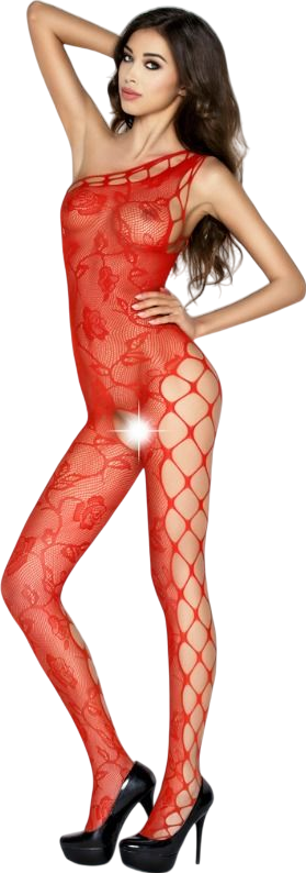 Διχτυωτό ολόσωμο καλσόν ανοιχτού καβάλου με one shoulder σε κόκκινο χρώμα