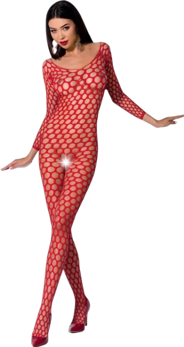 Διχτυωτό ολόσωμο καλσόν ανοιχτού καβάλου με μακρύ μανίκι σε κόκκινο χρώμα