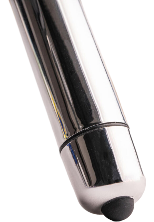 Μίνι δονητής από abs σε ασημί χρώμα, μήκους 8,2 εκ. και μέγιστης διαμέτρου 1.5 εκ.