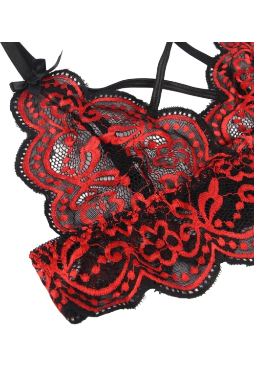 Δαντελωτό σετ εσωρούχων με ραντάκια σε κόκκινο χρώμα