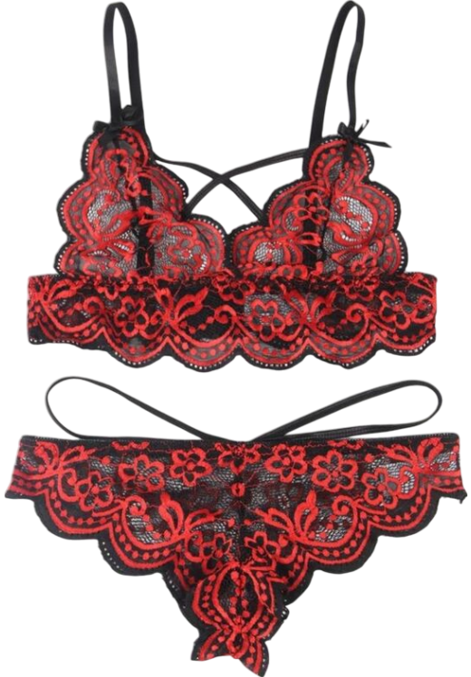 Δαντελωτό σετ εσωρούχων με ραντάκια σε κόκκινο χρώμα