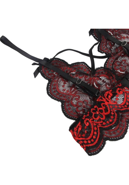 Δαντελωτό σετ εσωρούχων με ραντάκια σε κόκκινο χρώμα