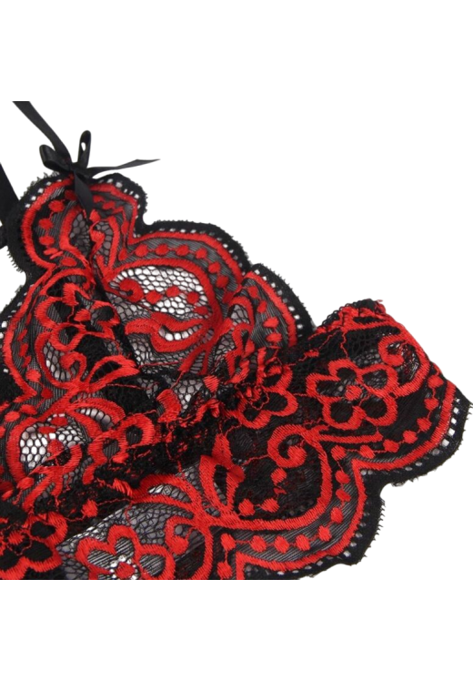 Δαντελωτό σετ εσωρούχων με ραντάκια σε κόκκινο χρώμα