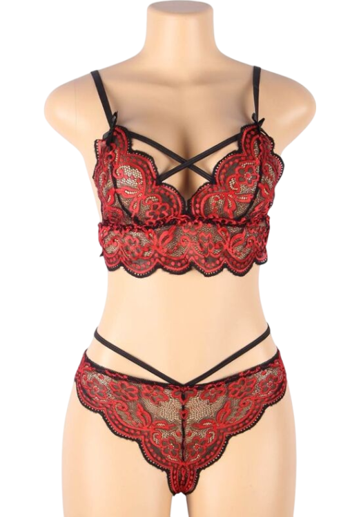 Δαντελωτό σετ εσωρούχων με ραντάκια σε κόκκινο χρώμα